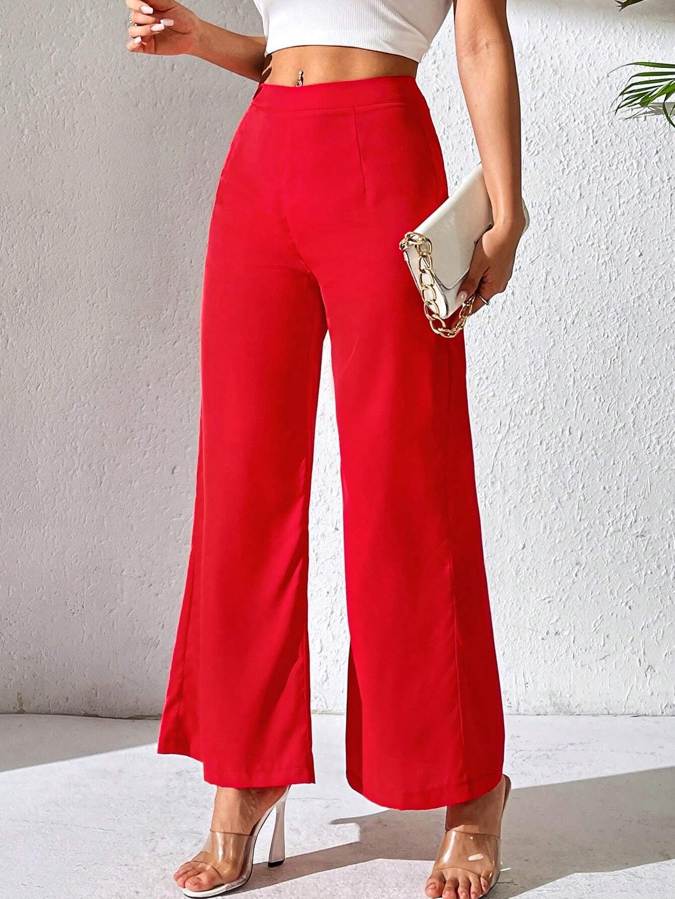 PETITE Solid Color Wide Leg Pants