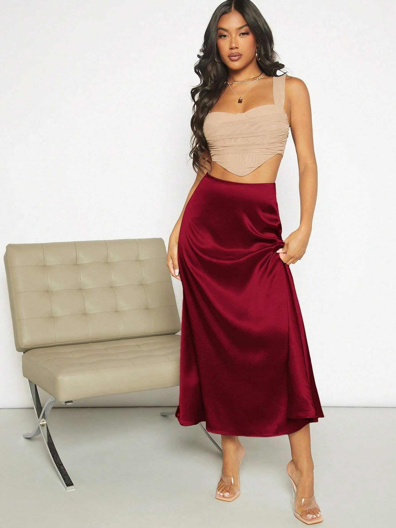 Privé High Waist Satin A-Line Skirt