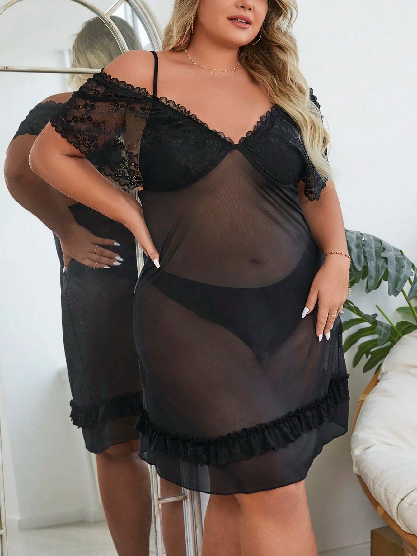 Plus Size Women'S Lace Patchwork Off-Shoulder Sleepwear Dress