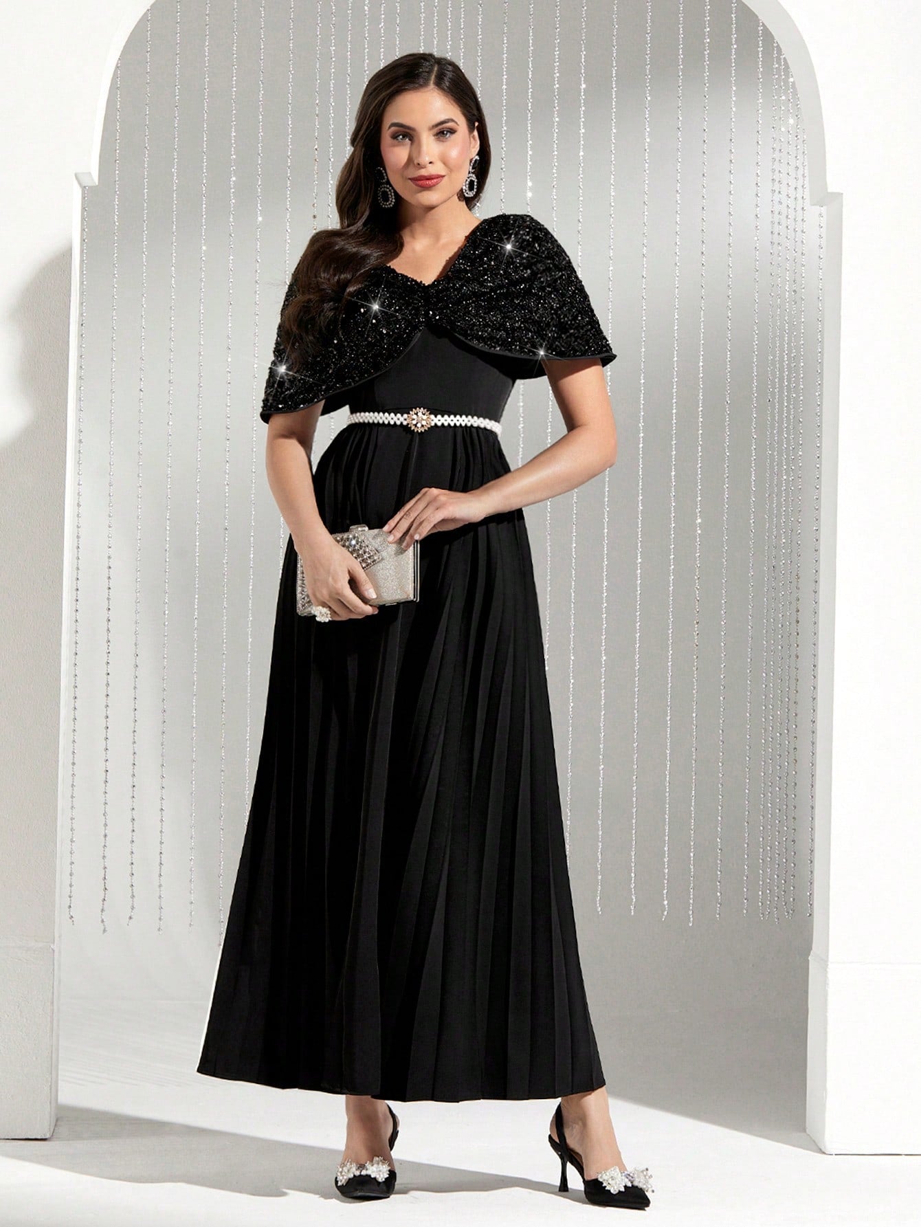 Modely Women'S Sequin Panel Pleated Hem Dress, No Belt Included