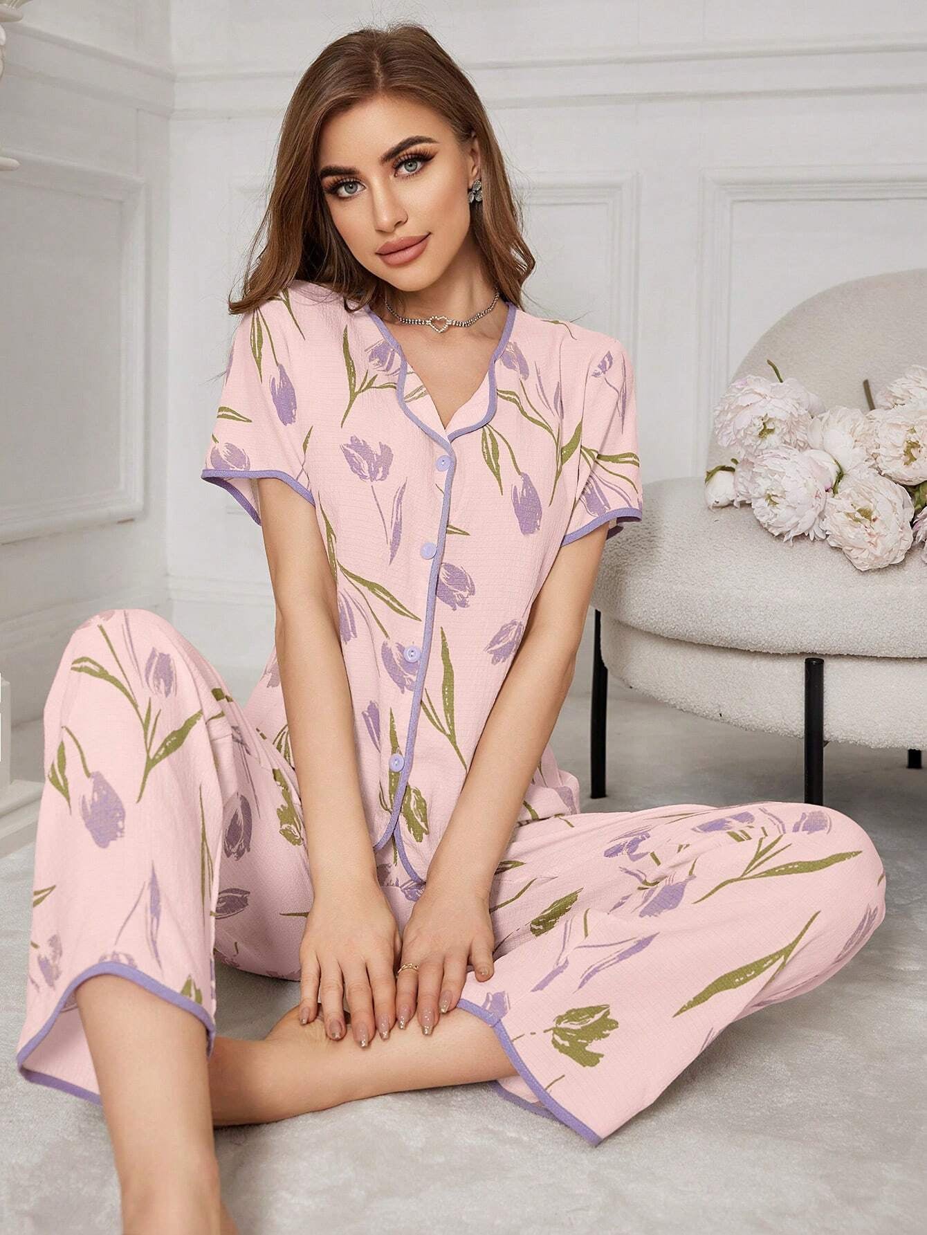 Floral Print Contrast-Edge Short Sleeve and Long Pants Pajama Set