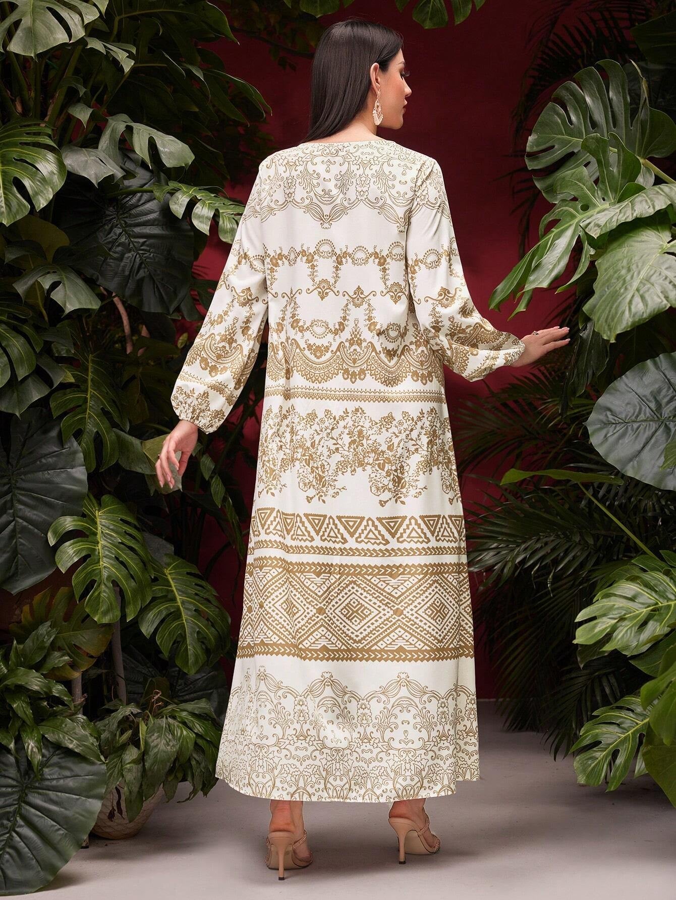 Najma Vintage Women'S Lantern Sleeve Printed Dress