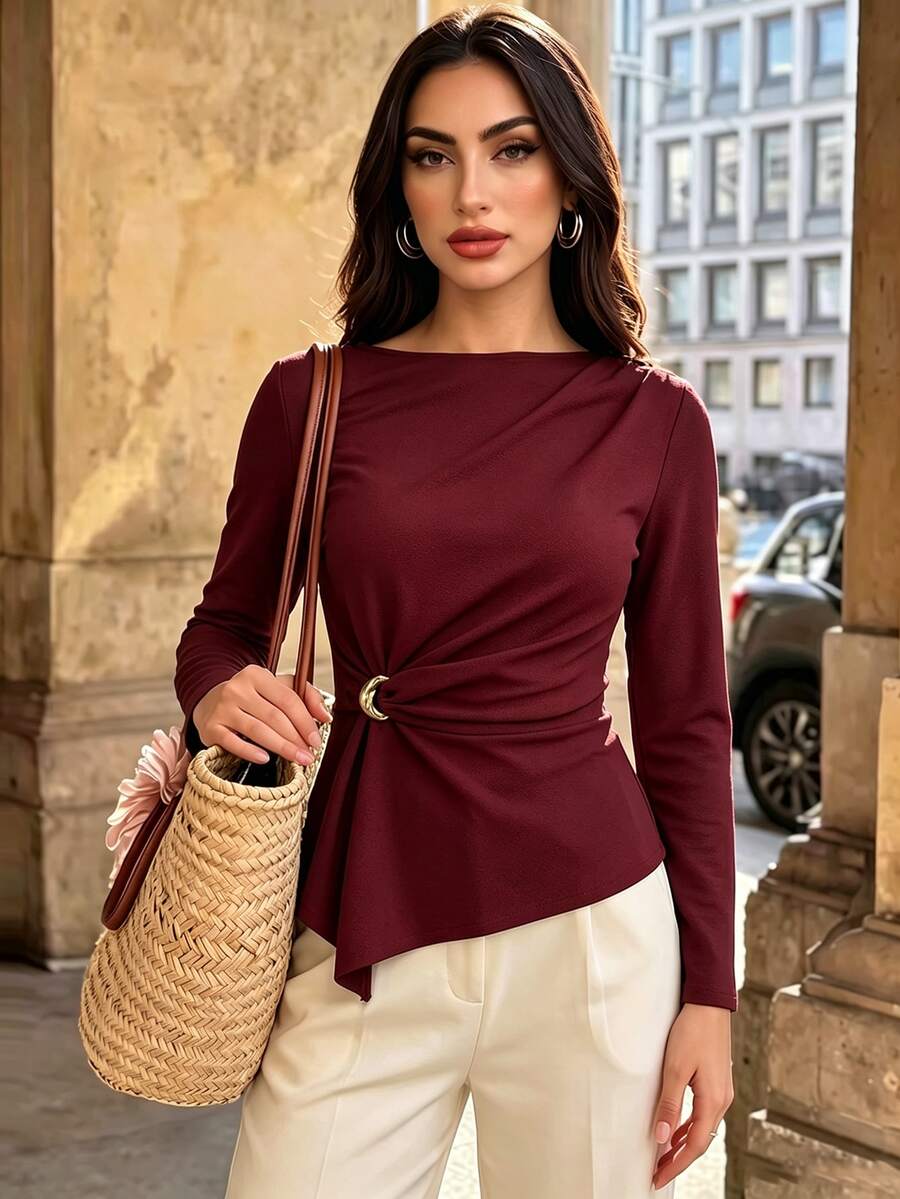 SHEIN Elenzga بلوزة نسائية سادة بتجاعيد وأكمام طويلة بلون عنابي