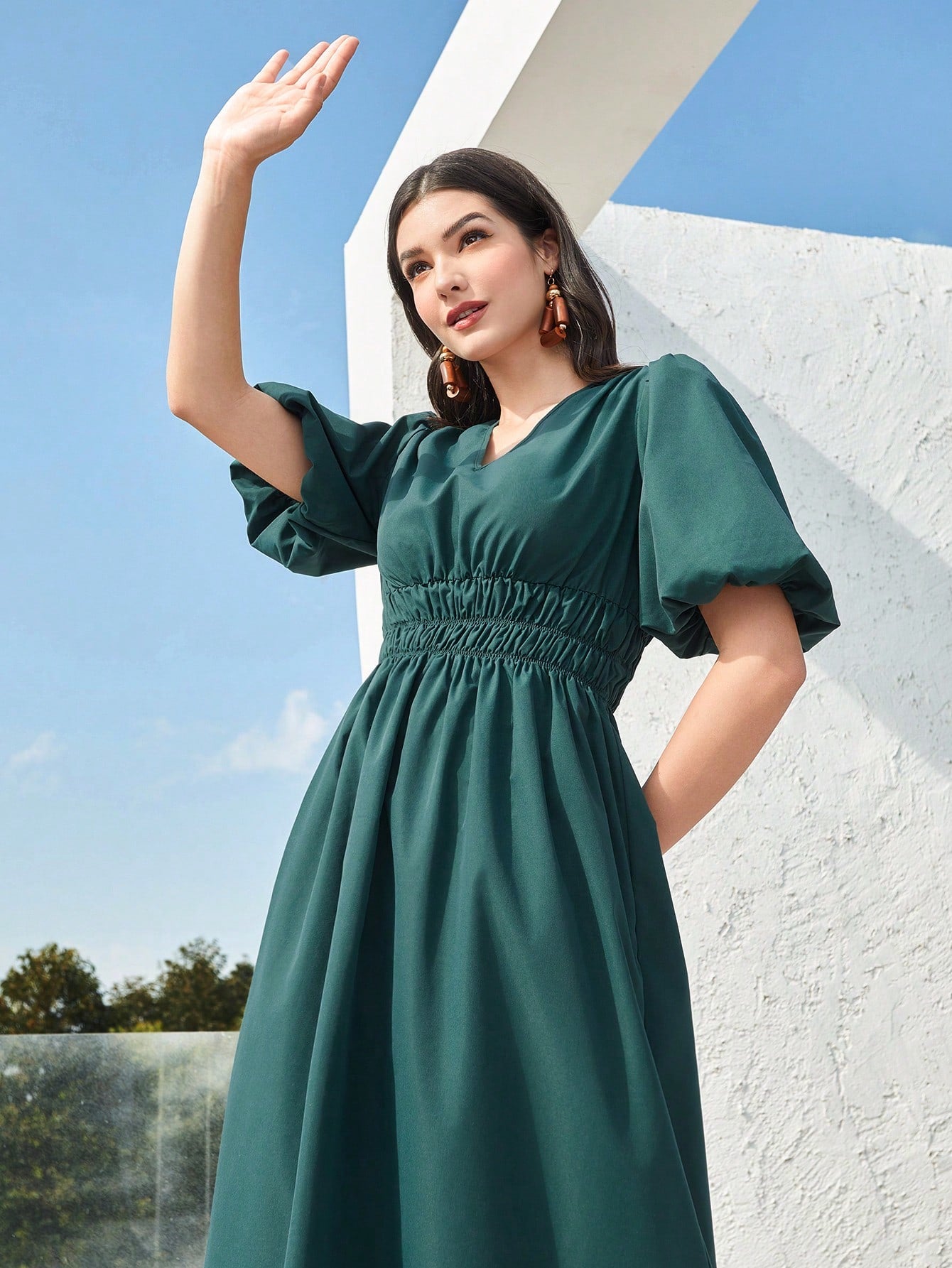 Mulvari Women'S Lantern Sleeve Waist Adjustable Dress