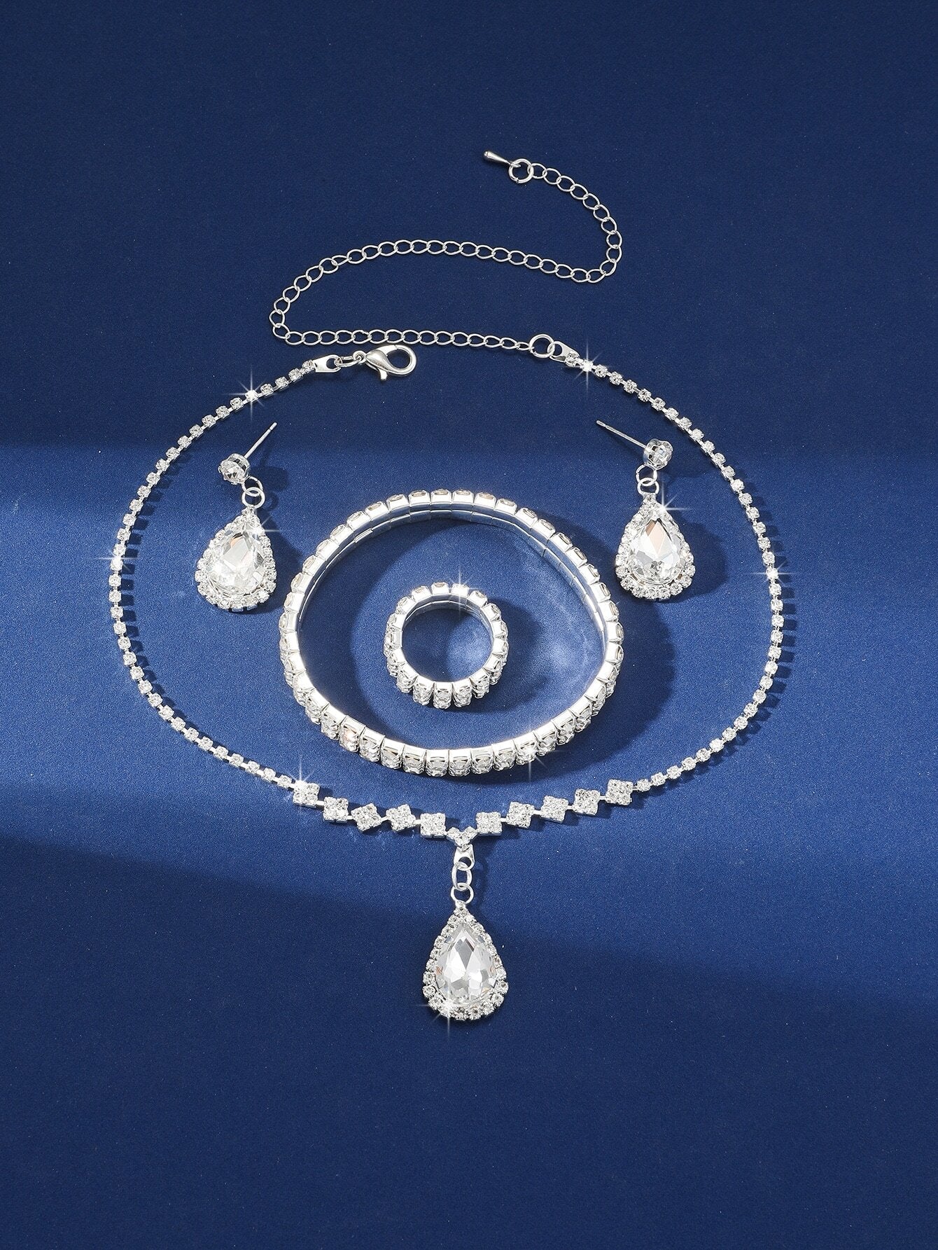 1Set Fashionable Bridal Jewelry Set with Necklace, Bracelet, Earrings and Ring, Full Rhinestone Prong Setting, Water Drop Shaped Pendant, Perfect for Parties