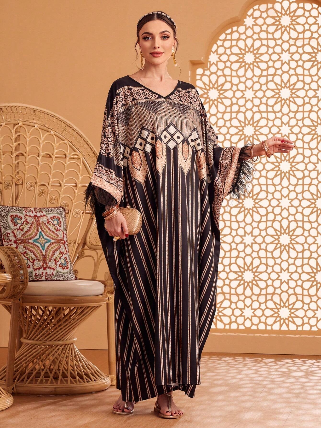 Najma Women'S Geometric Printed Fringed Turkish Kaftan