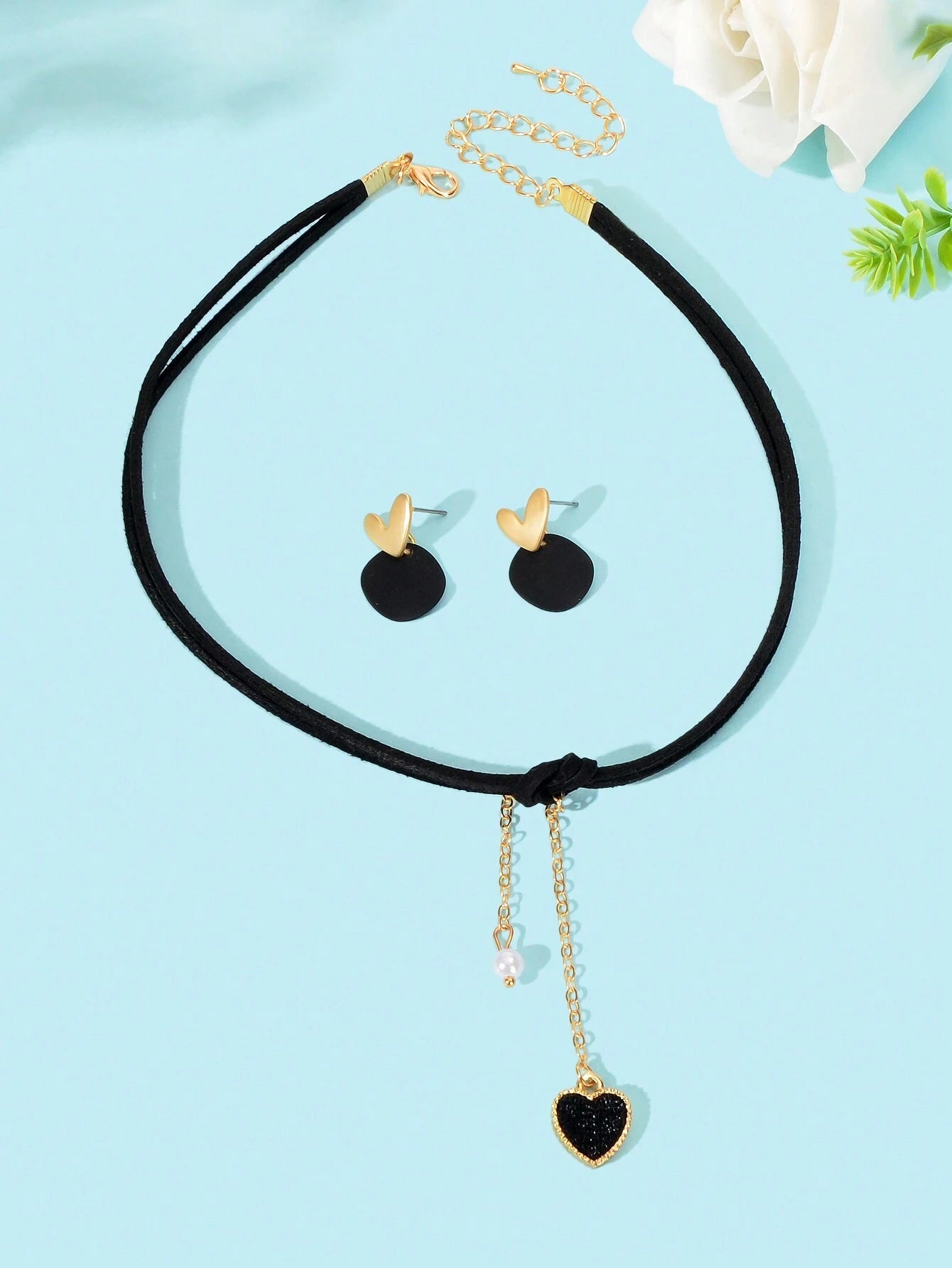 3Pcs Retro Jewelry Set Black Tattoo Choker Heart Pendant Necklace Geometric Stud Earrings for Women