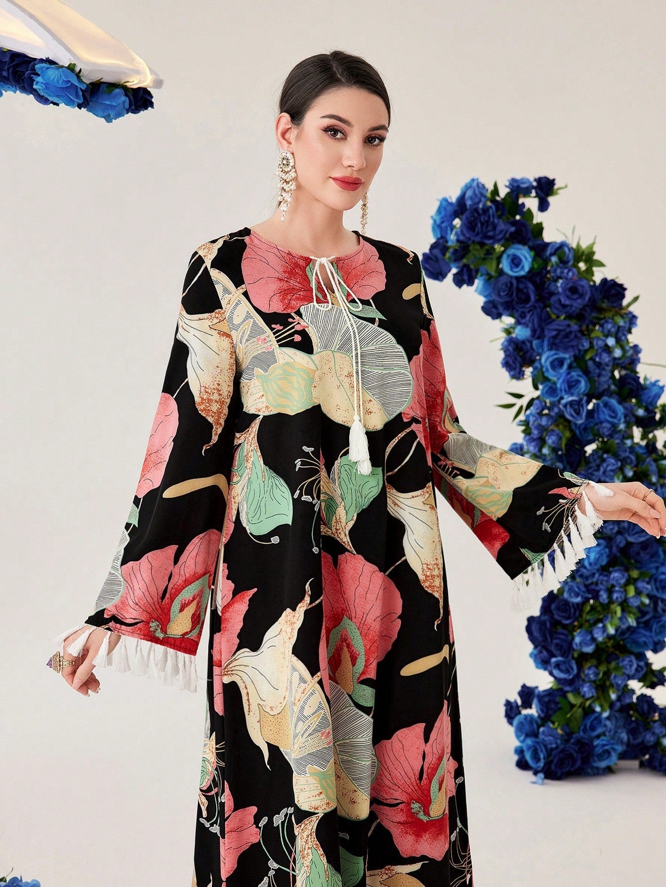 Najma Women'S Ginkgo Leaf Print Patchwork Tassel Bell Sleeve Arabic Dress