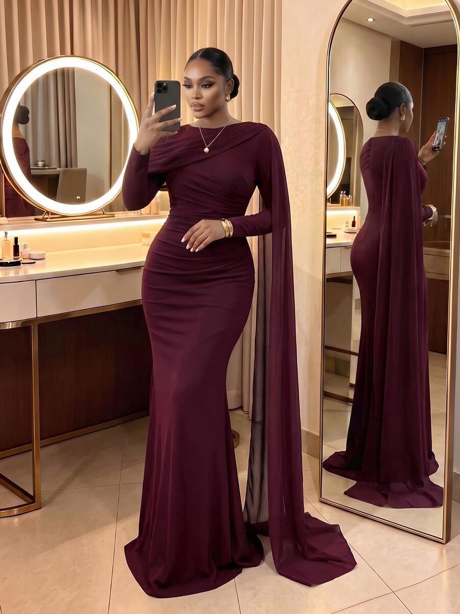 SHEIN Lady CURVE فستان سهرة عنابي للمقاسات الكبيرة بطيات وخصر محدد