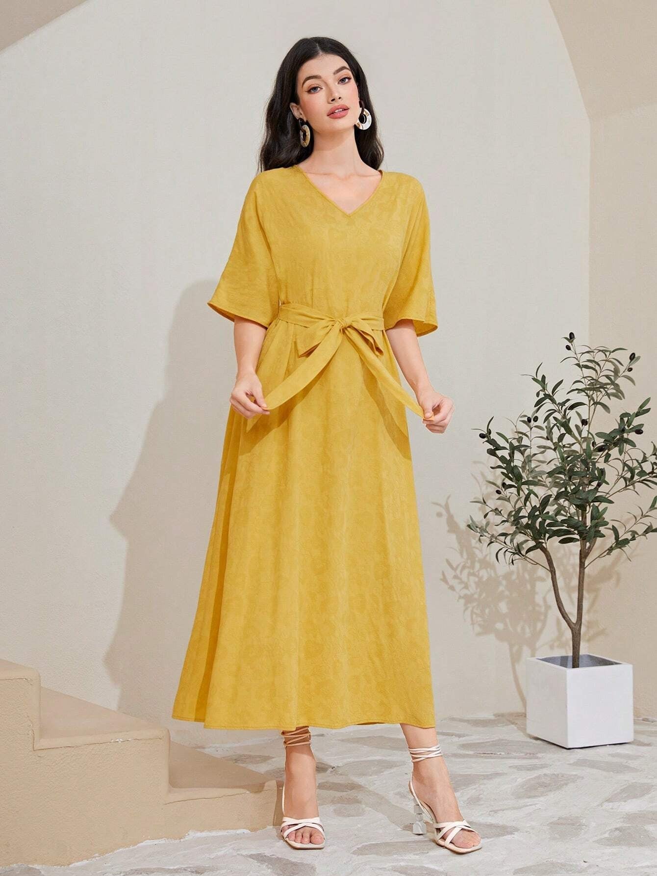 Mulvari Cotton Solid Belted A-Line Dress