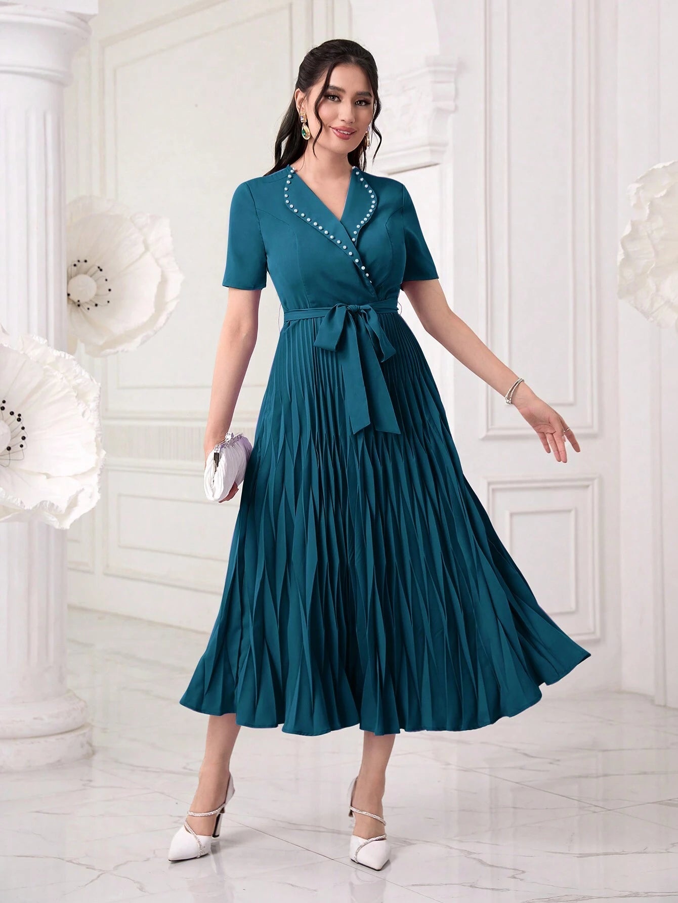 Modely Pearls Beaded Detail Belted Pleated Hem Dress