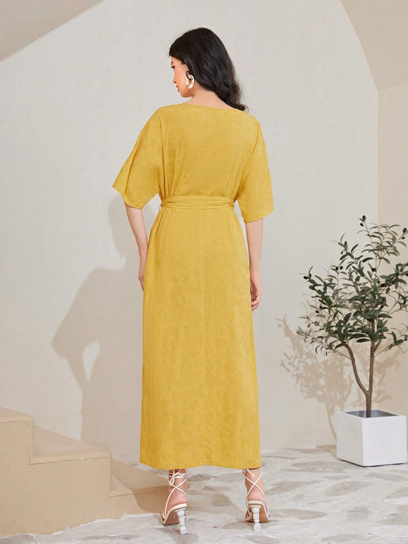 Mulvari Cotton Solid Belted A-Line Dress