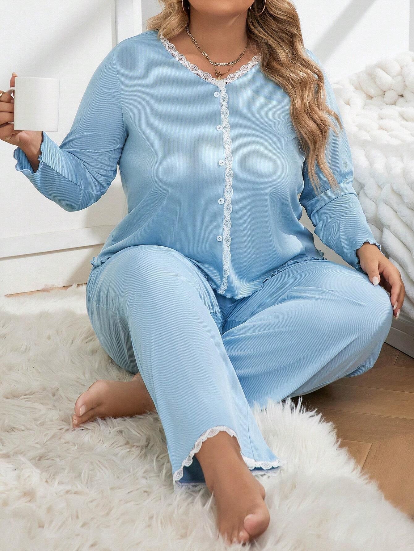 Plus Size Women'S Lace Trim Ribbed Pajama Set
