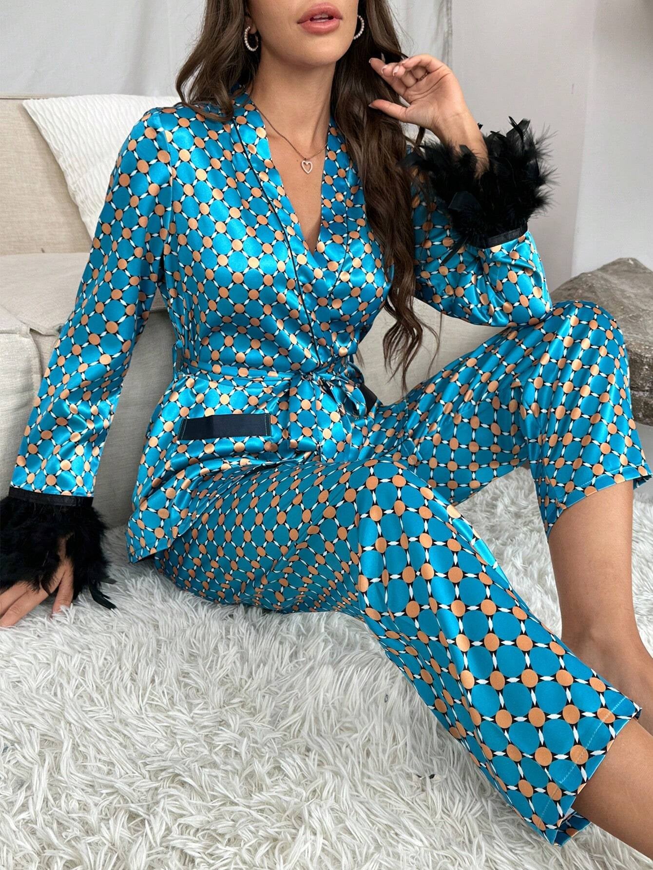Allover Print Fuzzy Trim Belted Satin PJ Set