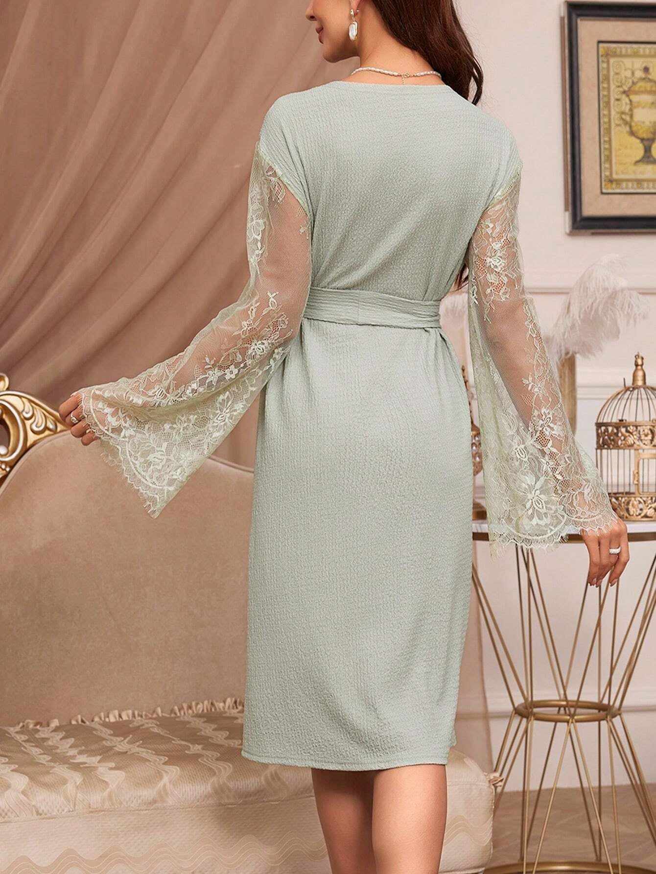 Sheer Lace Long Sleeve Belted Robe