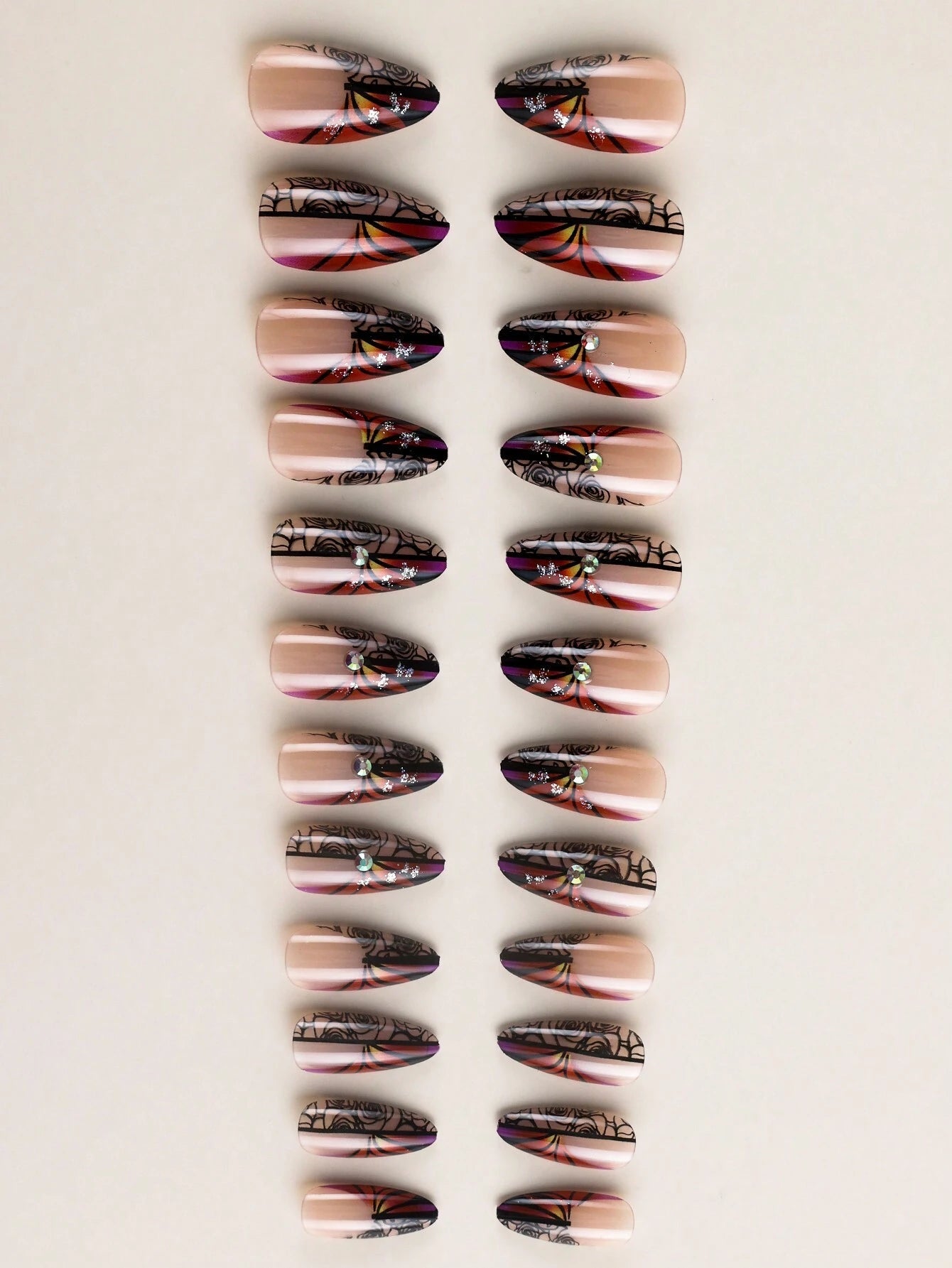 Marble Pattern, Silver Glitter, Medium Sized Coffin False Nails Set (24 Pcs) + Jelly Glue (1 Pc) + Nail File (1 Pc)