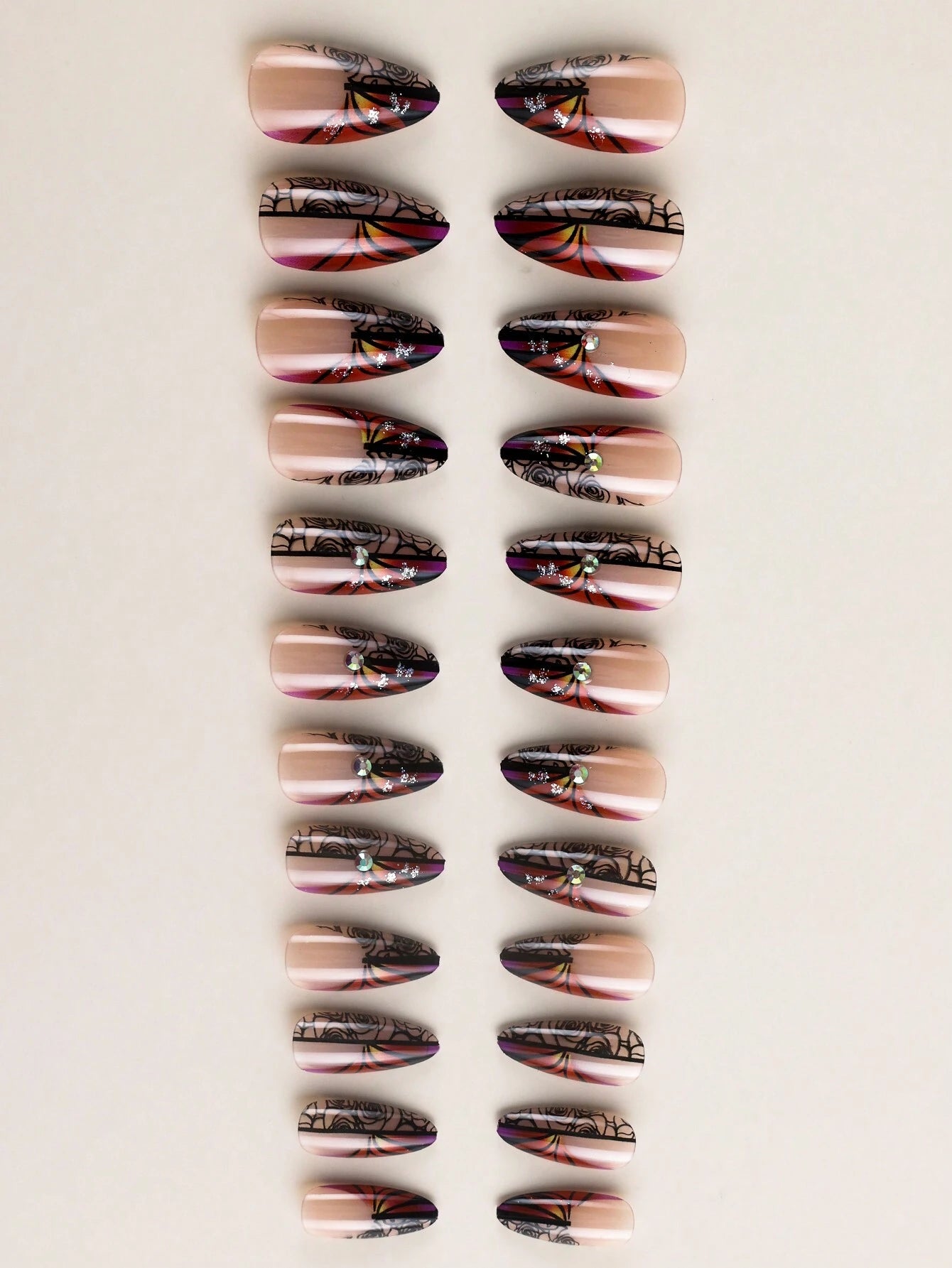 Galaxy Gradient Sparkling Powder Medium Almond Shape False Nails Set(24Pcs)+1Pc Jelly Glue+1Pc Nail File