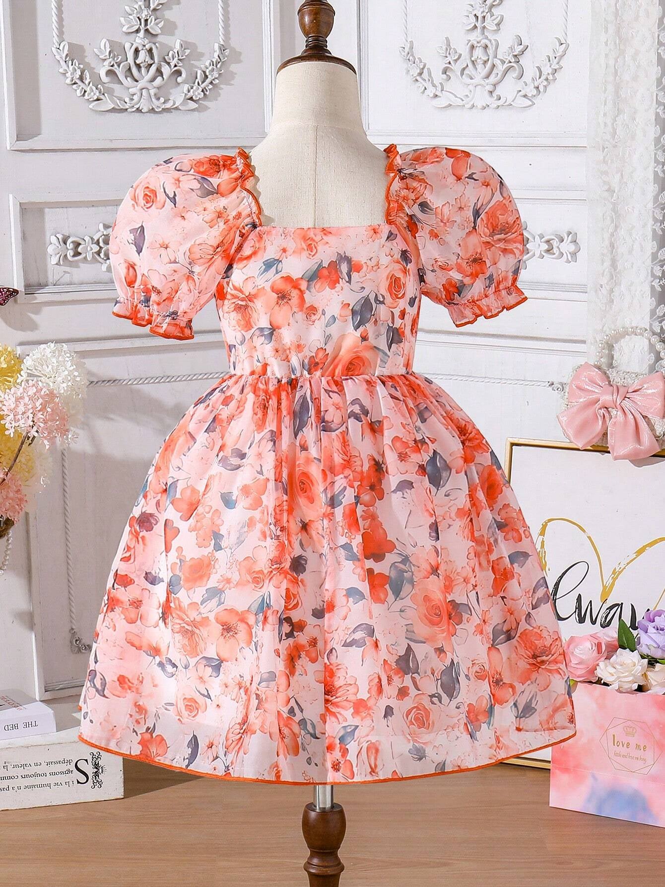 Young Girls' Summer Flower Print Dress, Purple Floral Princess Dress with Puff Sleeves