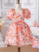 Young Girls' Summer Flower Print Dress, Purple Floral Princess Dress with Puff Sleeves