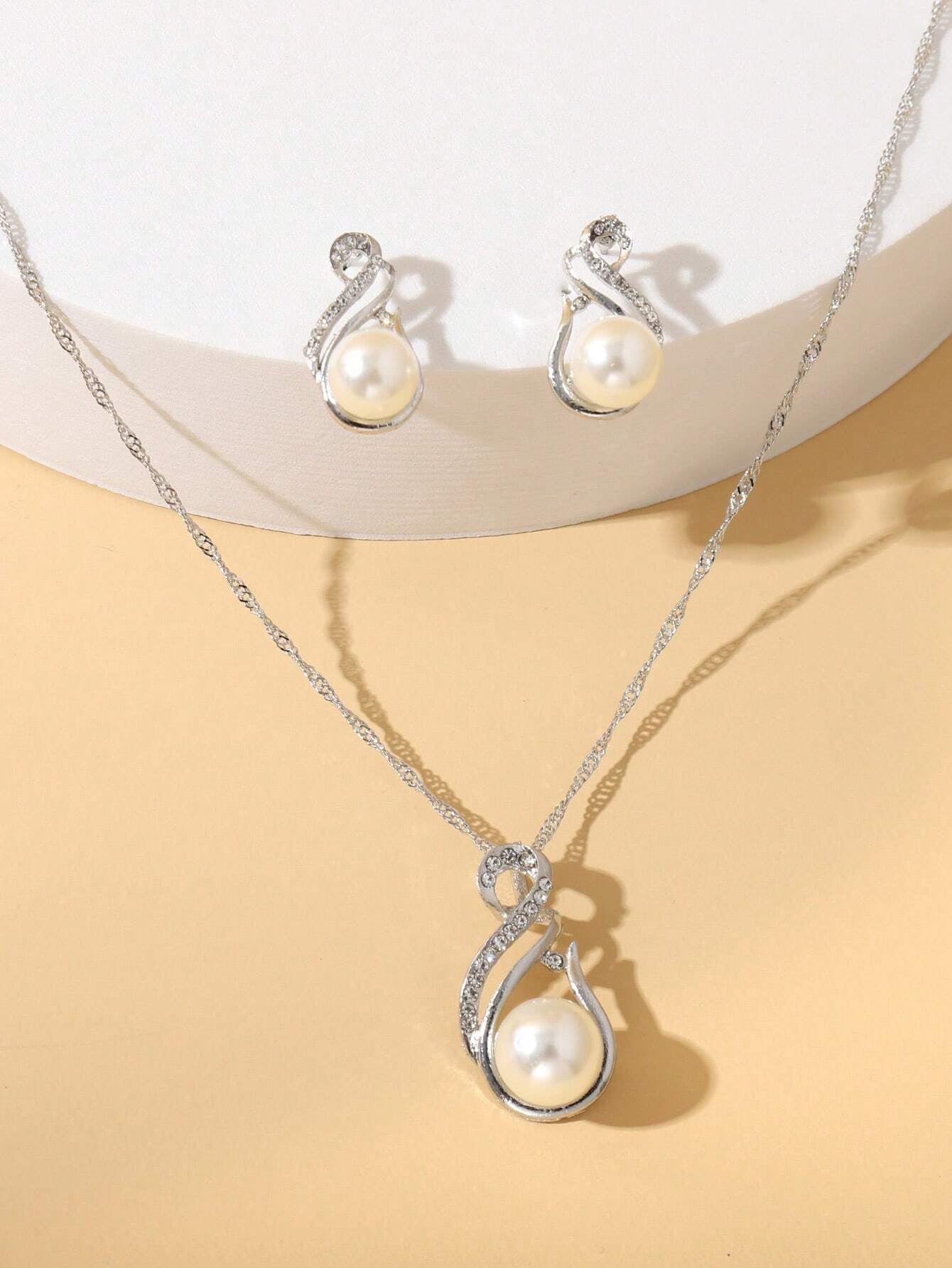 1Pc Charming Water Drop Shaped Rhinestone & Faux Pearl Pendant Necklace and 1Pair Earrings, Birthday/Festival Gift for Women
