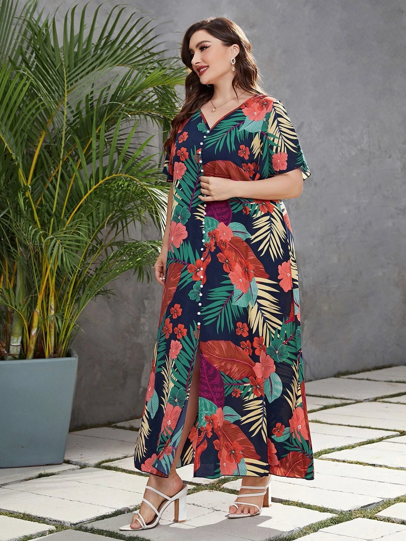 Mulvari plus Tropical Print Butterfly Sleeve Fake Button Dress
