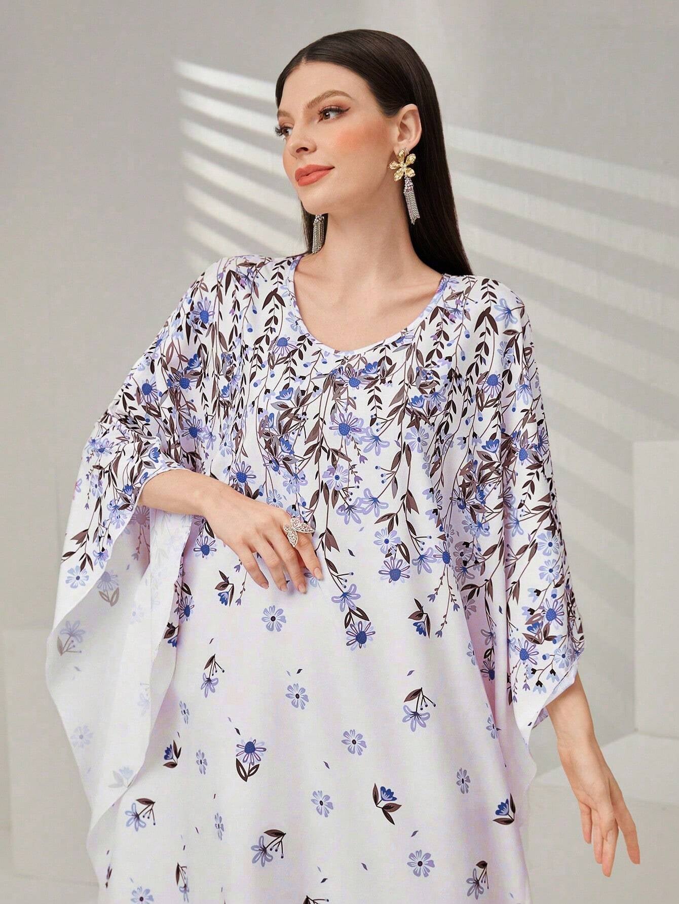 Najma Women'S Floral Print Batwing Sleeve Turkish Long Shirt