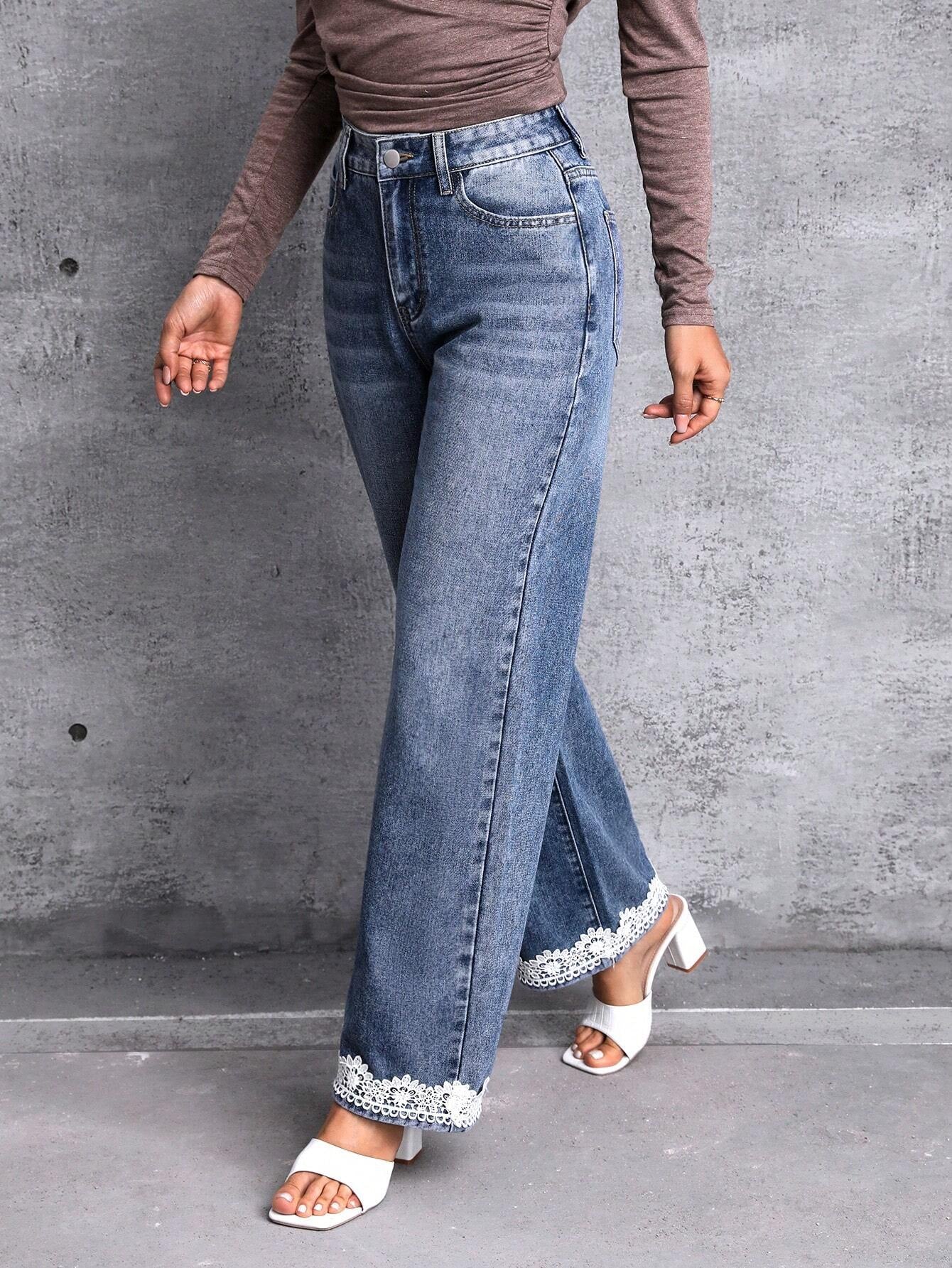 LUNE Slant Pocket Contrast Lace Hem Wide Leg Jeans