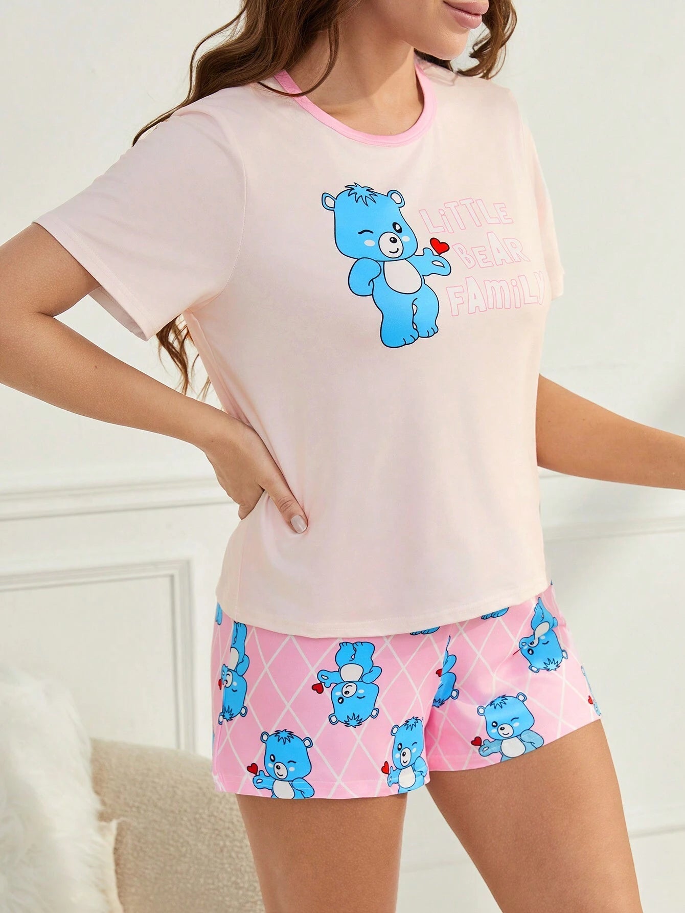 Women'S Cute Blue Bear Printed Short Sleeve Shorts Casual 2Pcs Sleepwear Set, Family Matching Outfits (4 Sets)