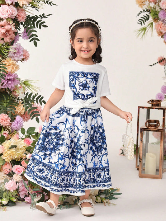 Tween Girls' Loose Fit Gorgeous Exclusive Flower Pattern round Neck Pullover T-Shirt and Skirt Two-Piece Set