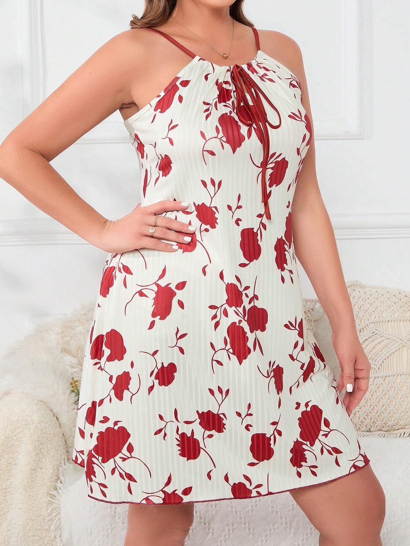 Plus Size Women'S Floral Printed Strappy Sleep Dress