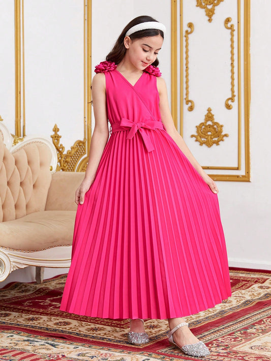 Tween Girl'S Solid V-Neck Elegant Pleated 3D Floral Belted Dress