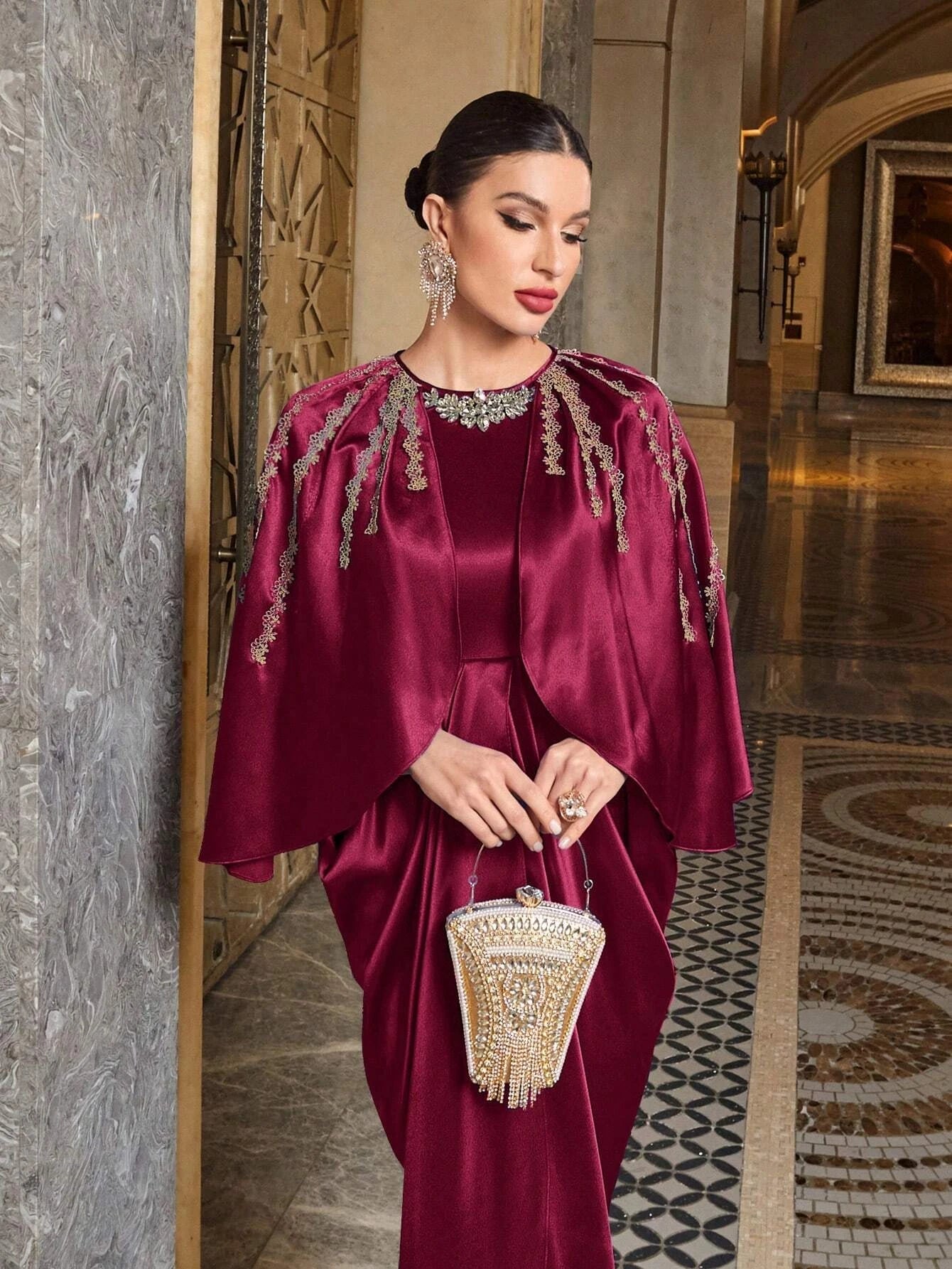 Modely Rhinestone Detail Batwing Sleeve Wrap Hem Dress