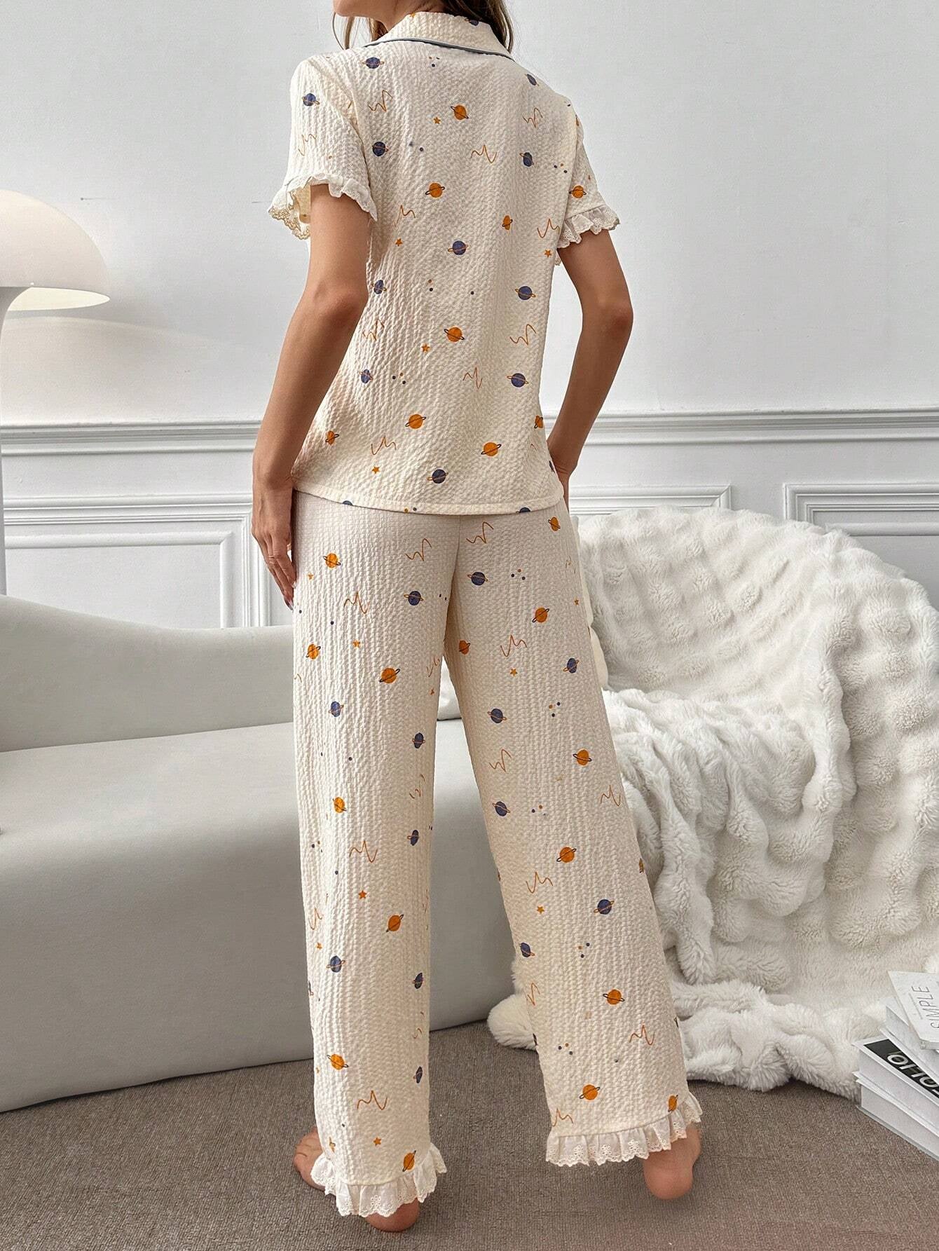 Fun Planet Print Outfit with Stitched Collar and Frill Trim Short Sleeve Top and Long Pants
