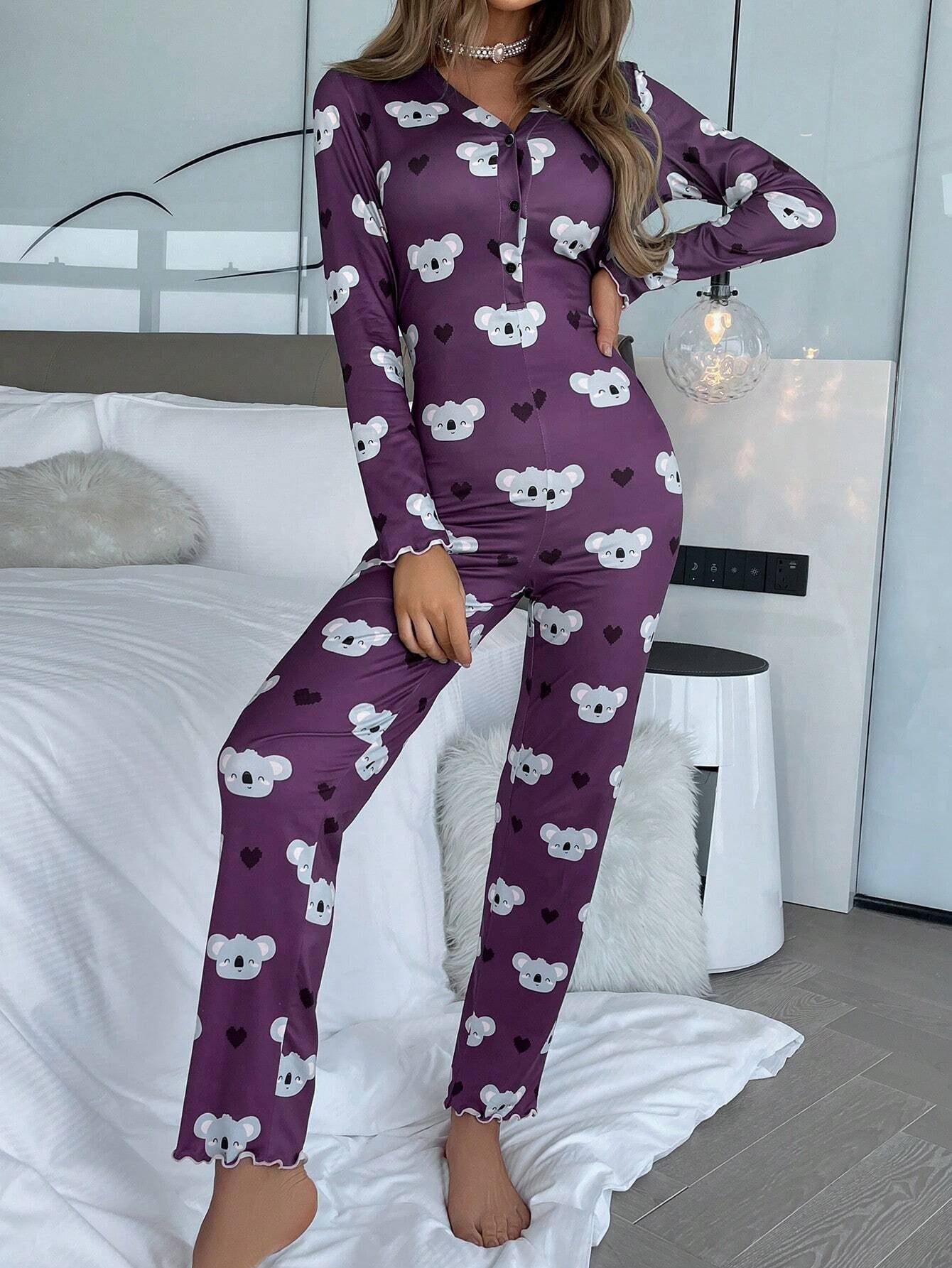 Koala & Heart Print Half Button Lettuce Trim Sleep Jumpsuit
