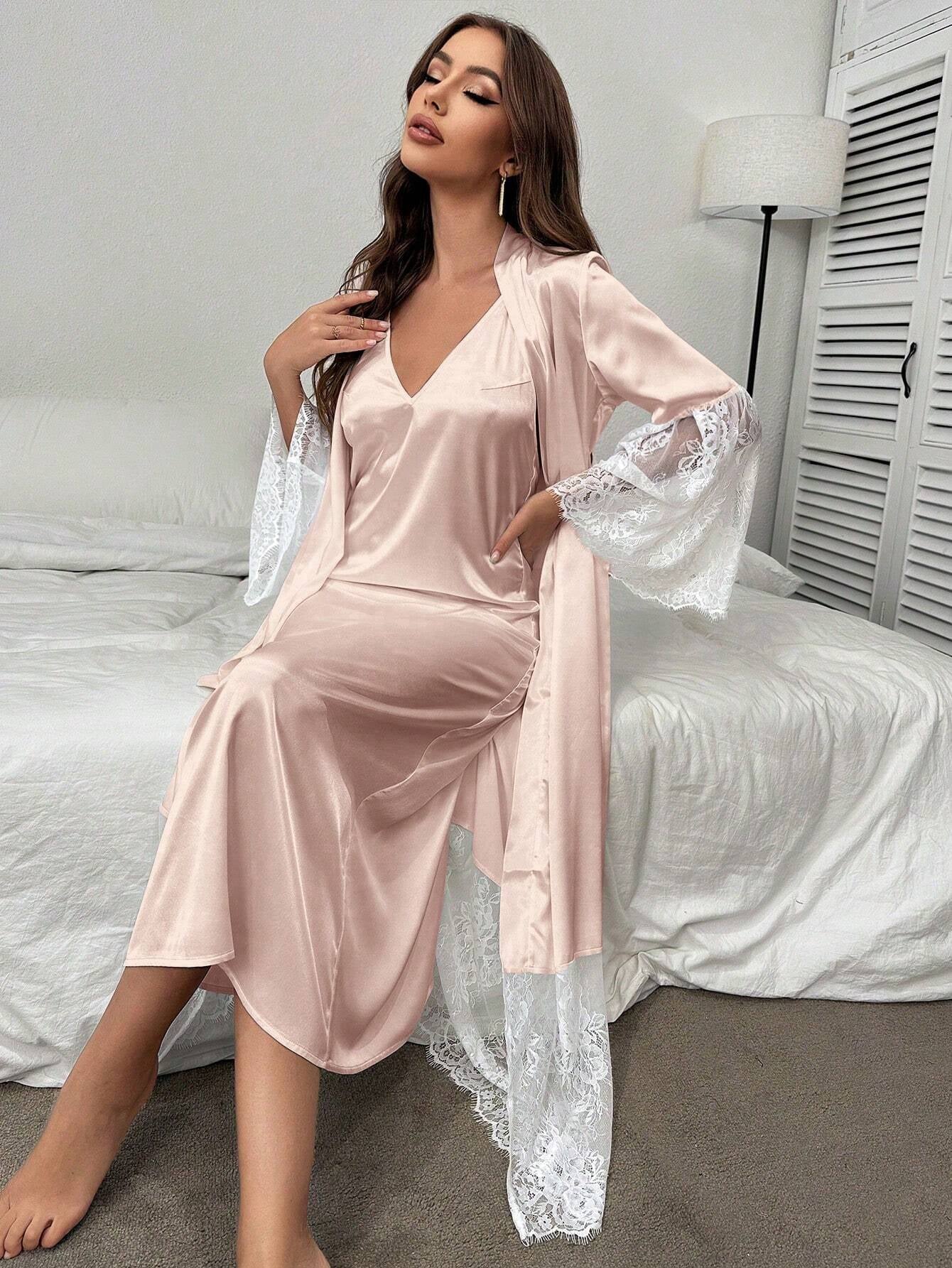Backless Satin Cami Nightgown and Lace Bell Sleeve Robe Pajama Set