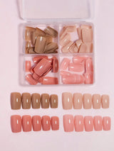 4 Colors (96 Pcs) Square Shape Press Nails Medium Size False Nails Brown Series Fake Nails Acrylic Faux Gloss Design Nails Full Coverage Nails for Women and Girls as Gifts