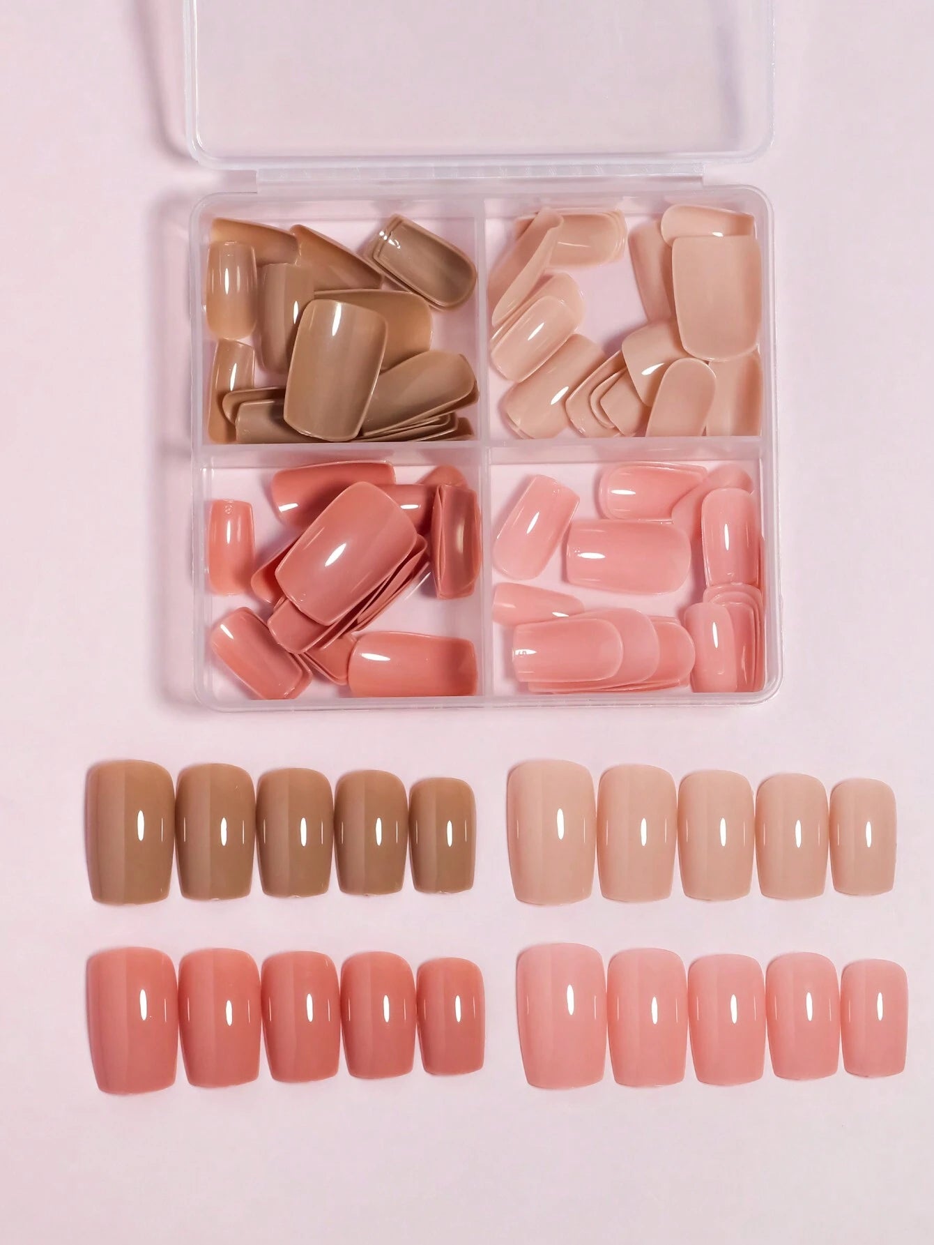 4 Colors (96 Pcs) Square Shape Press Nails Medium Size False Nails Brown Series Fake Nails Acrylic Faux Gloss Design Nails Full Coverage Nails for Women and Girls as Gifts