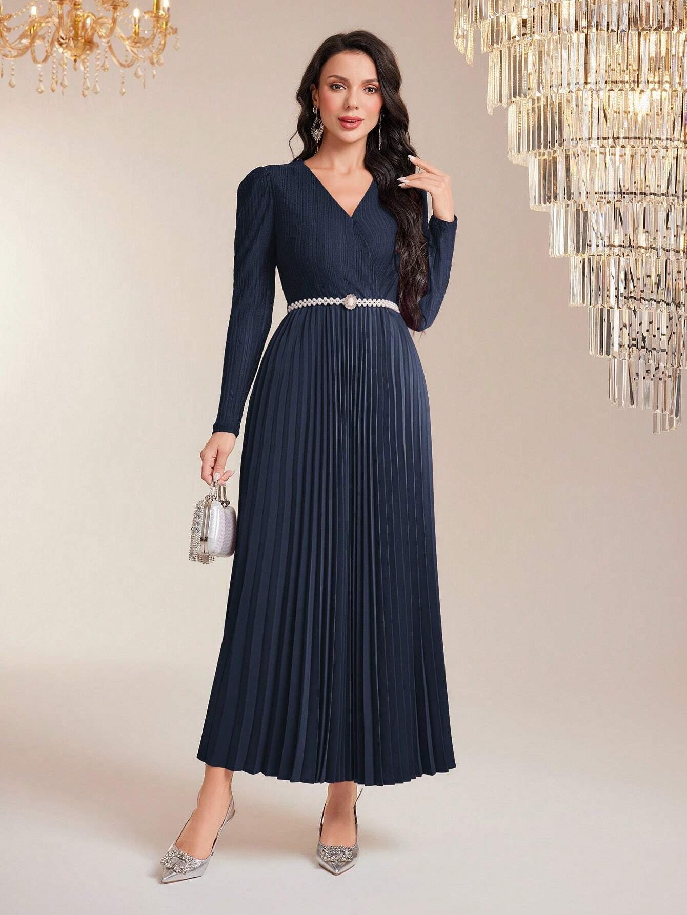 Modely Surplice Neck Pleated Hem Dress with Belt