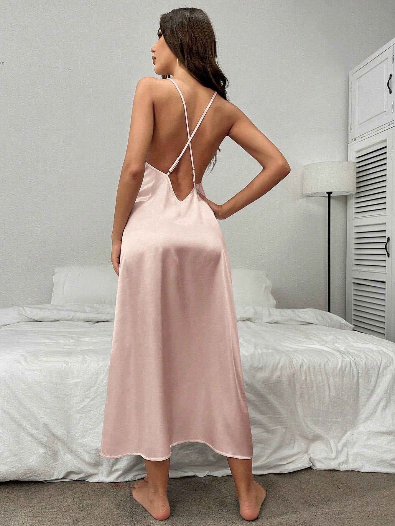 Backless Satin Cami Nightgown and Lace Bell Sleeve Robe Pajama Set