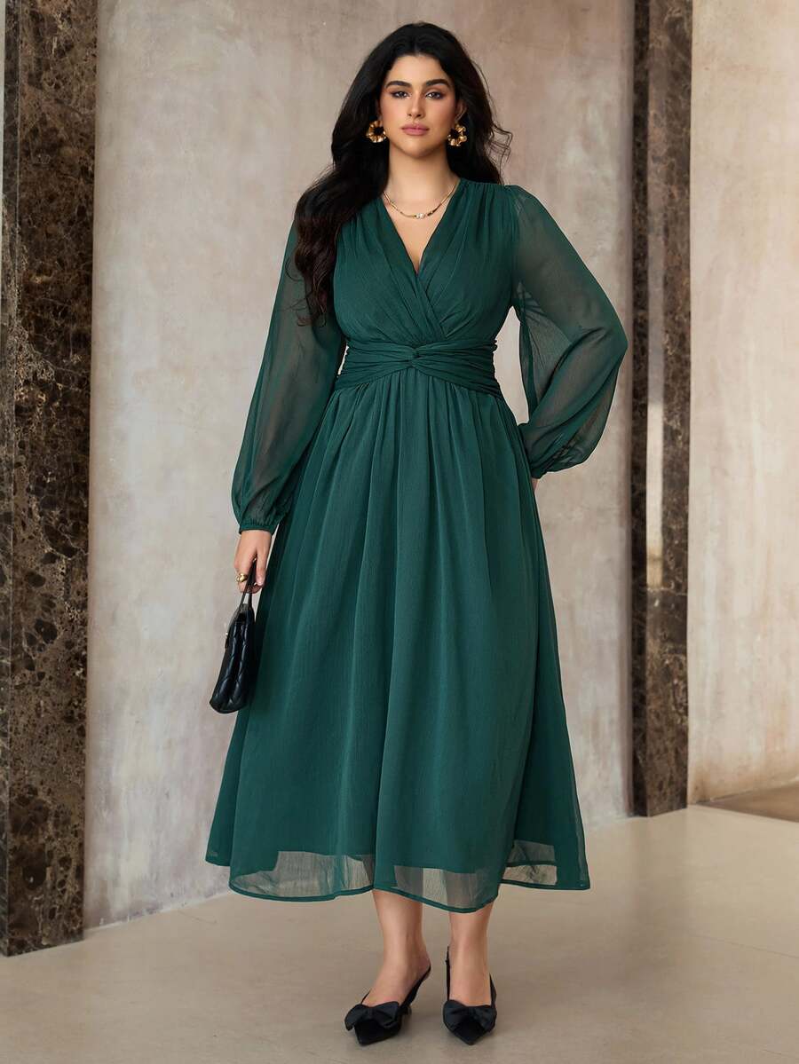 SHEIN Roveilla فستان شيفون مطوي بخصر لف وأكمام فانوس شفافة