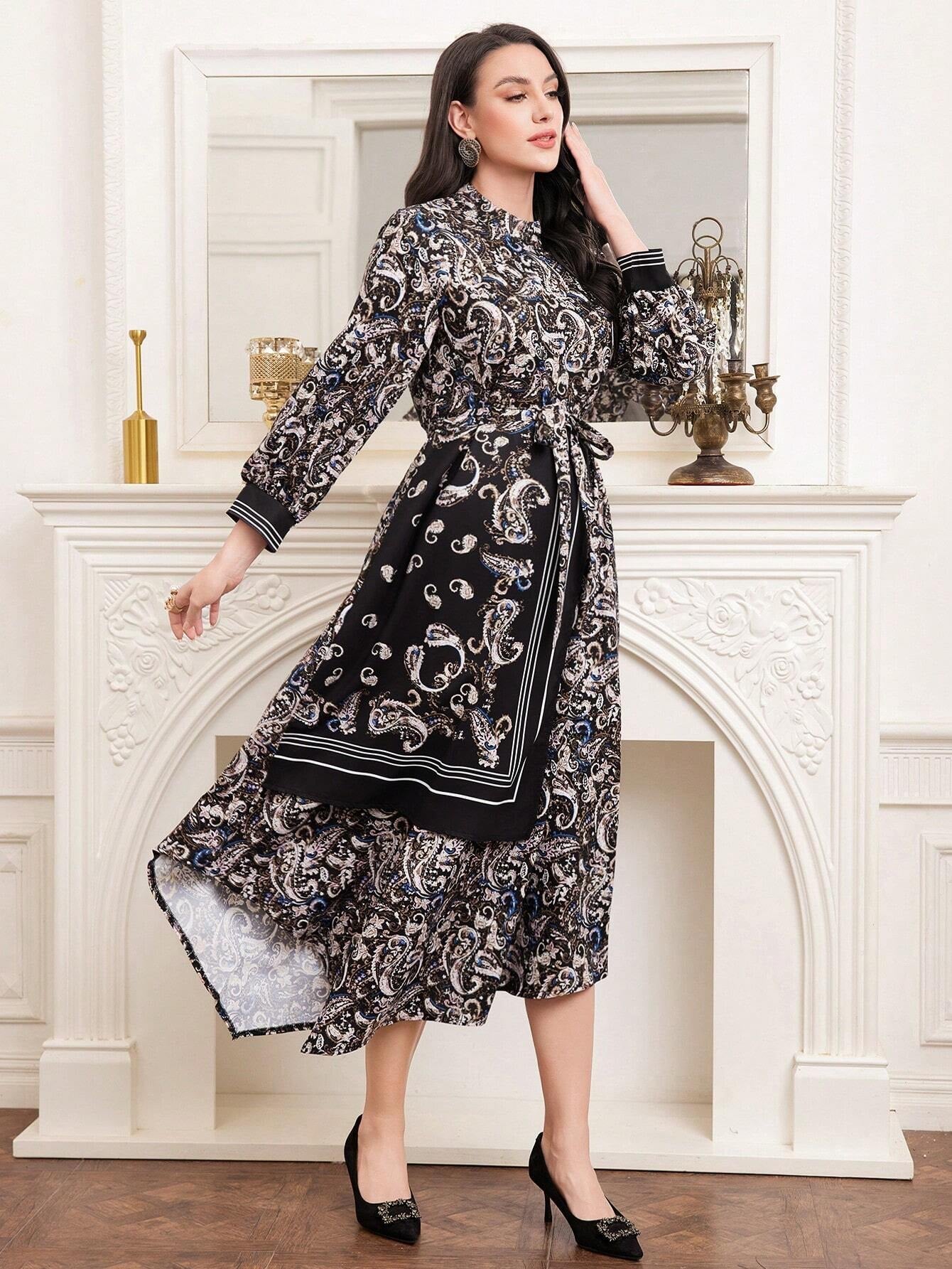 Modely Women'S Paisley Print Belted Maxi Dress