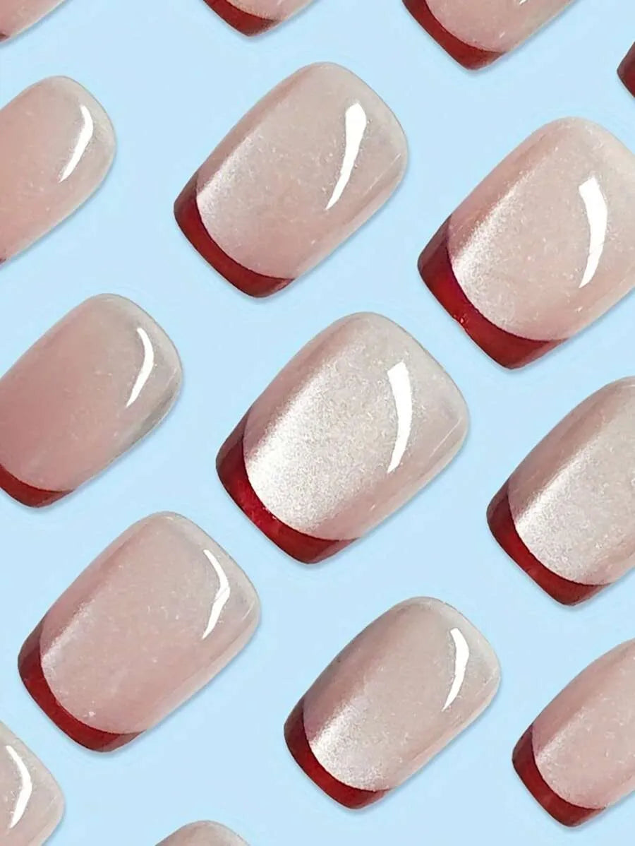 SHEIN أظافر 24 قطعة مربعة فرنسية حمراء مع قاعدة بيج ومبرد