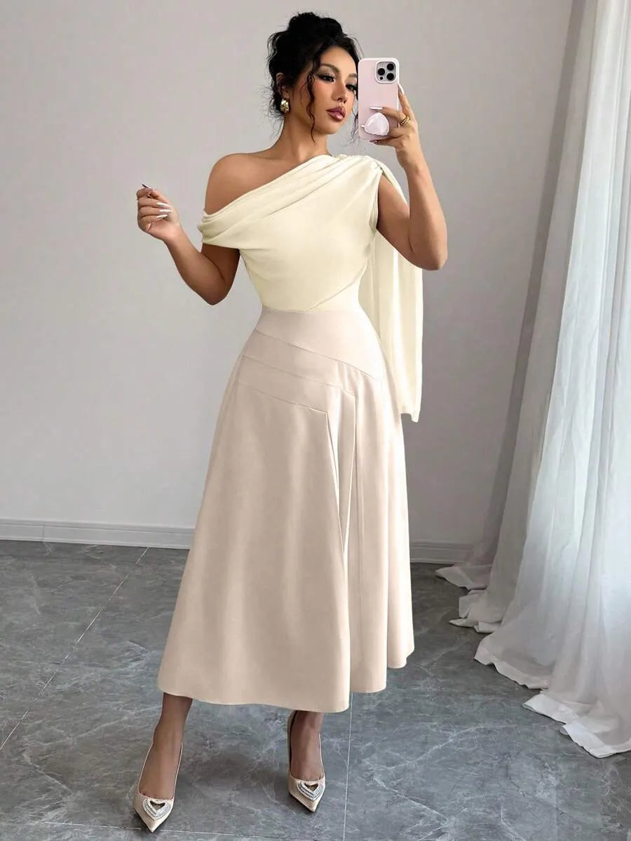 SHEIN Elenzga فستان شبك بكتف مفتوح وخصر مرن لون مشمشي
