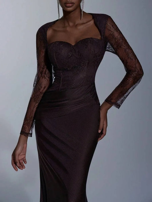 SHEIN Elitara فستان نسائي بني داكن ماكسي بأكمام طويلة وتصميم ذيل سمكة