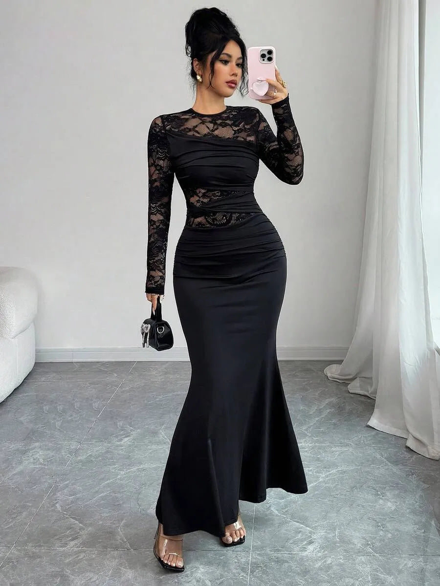 SHEIN Allurite فستان نسائي أسود من الحرير الحليبي بأكمام طويلة وتفاصيل دانتيل