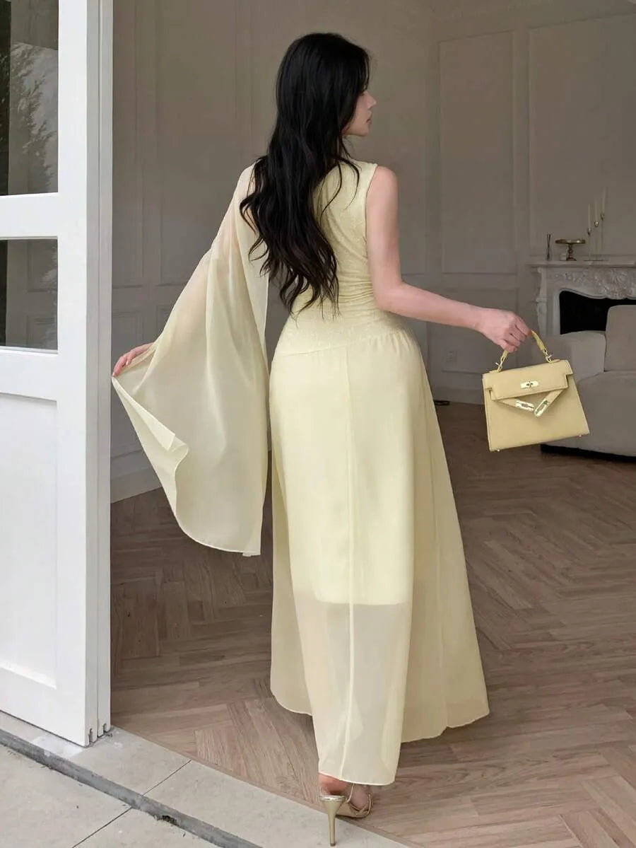 SHEIN Celisse Petite فستان طويل دانتيل بتطريز كروشيه ولون أصفر