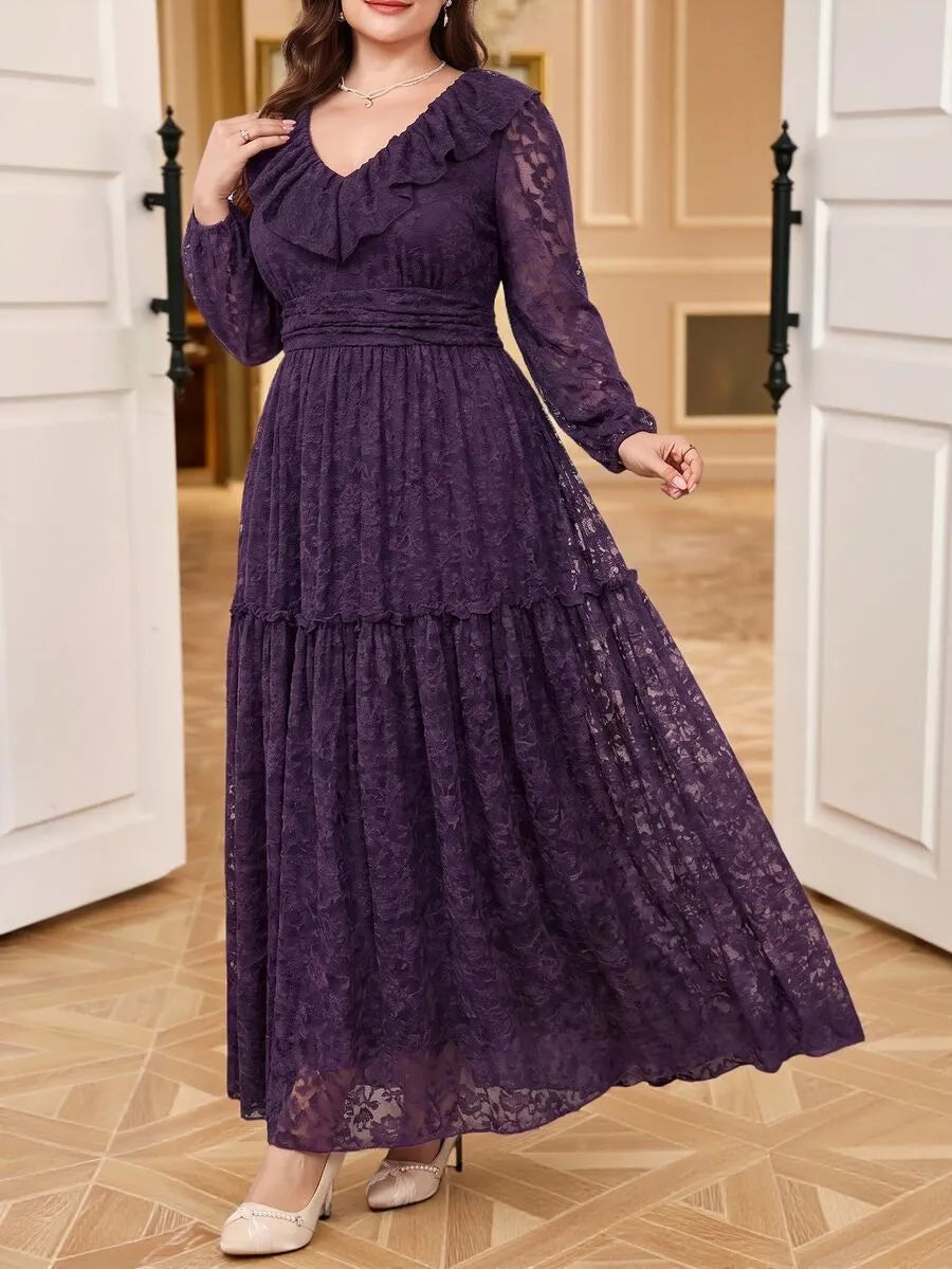 SHEIN Reflora فستان دانتيل طويل بياقة وأكمام واسعة وضيقة بنسيج شبكي بلون بنفسجي داكن