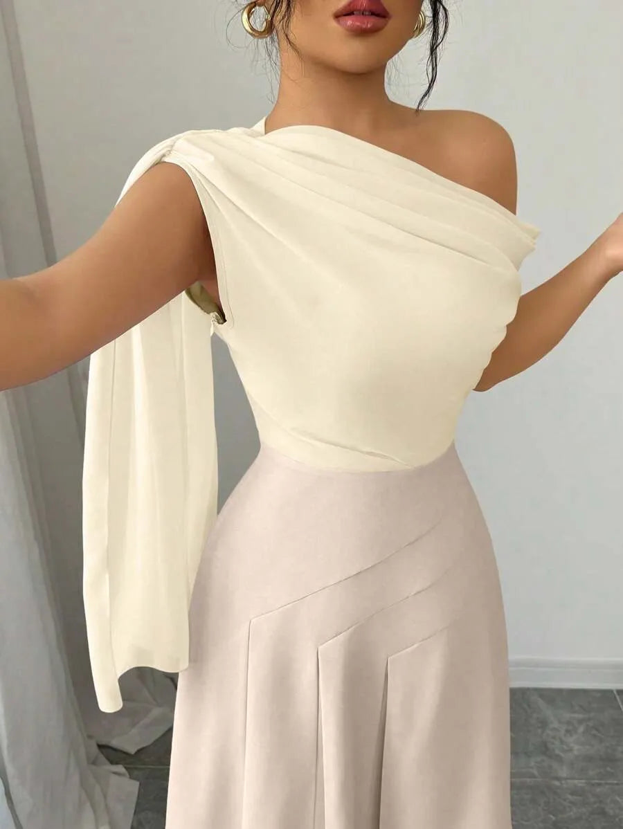 SHEIN Elenzga فستان شبك بكتف مفتوح وخصر مرن لون مشمشي