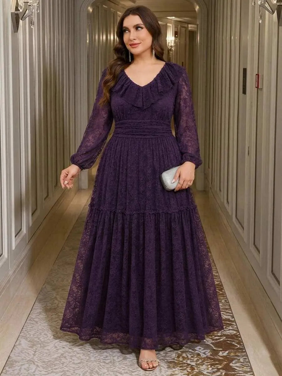 SHEIN Reflora فستان دانتيل طويل بياقة وأكمام واسعة وضيقة بنسيج شبكي بلون بنفسجي داكن