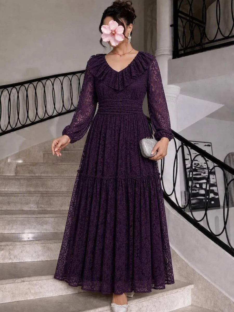 SHEIN Reflora فستان دانتيل طويل بياقة وأكمام واسعة وضيقة بنسيج شبكي بلون بنفسجي داكن